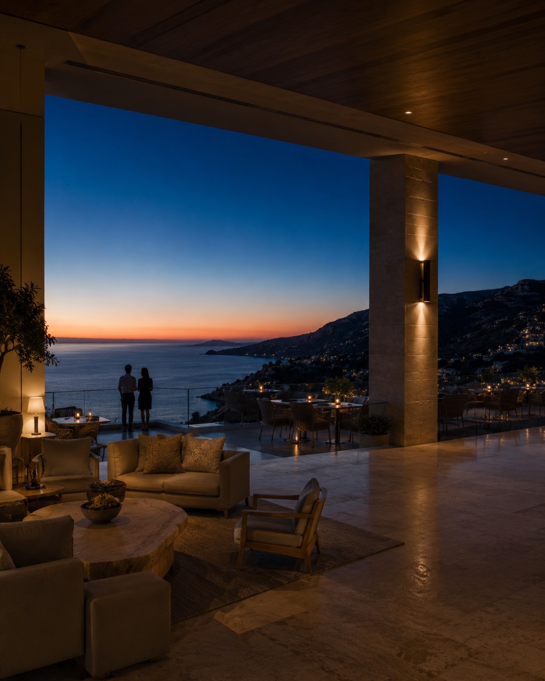 Terrasse d&rsquo;h&ocirc;tel au cr&eacute;puscule
